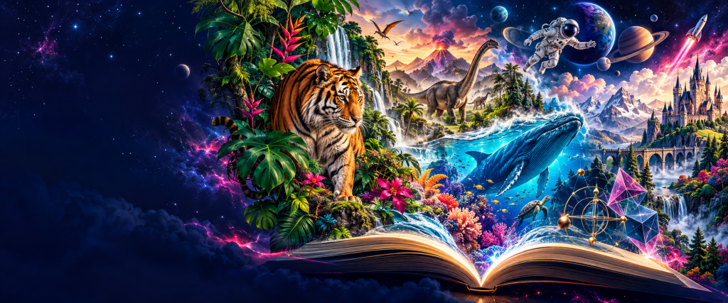 Imaginative educational montage with an open book, wildlife, dinosaurs, ocean, planets and a storybook castle